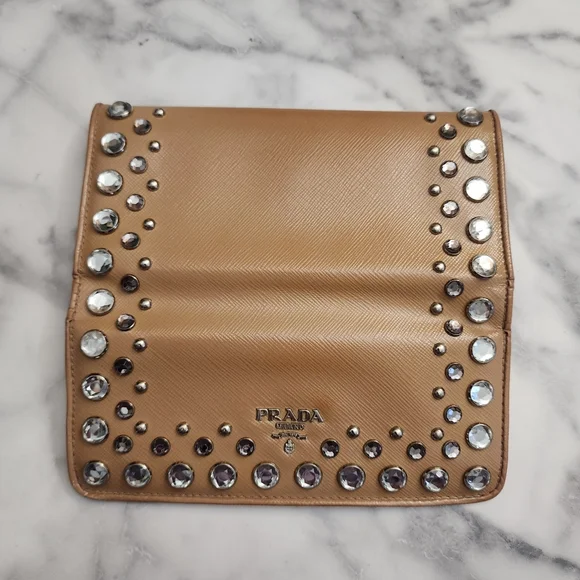 Authentic PRADA Saffiano Patent Leather Vernice Crystal Studded Flap Long Wallet - Picture 7 of 11